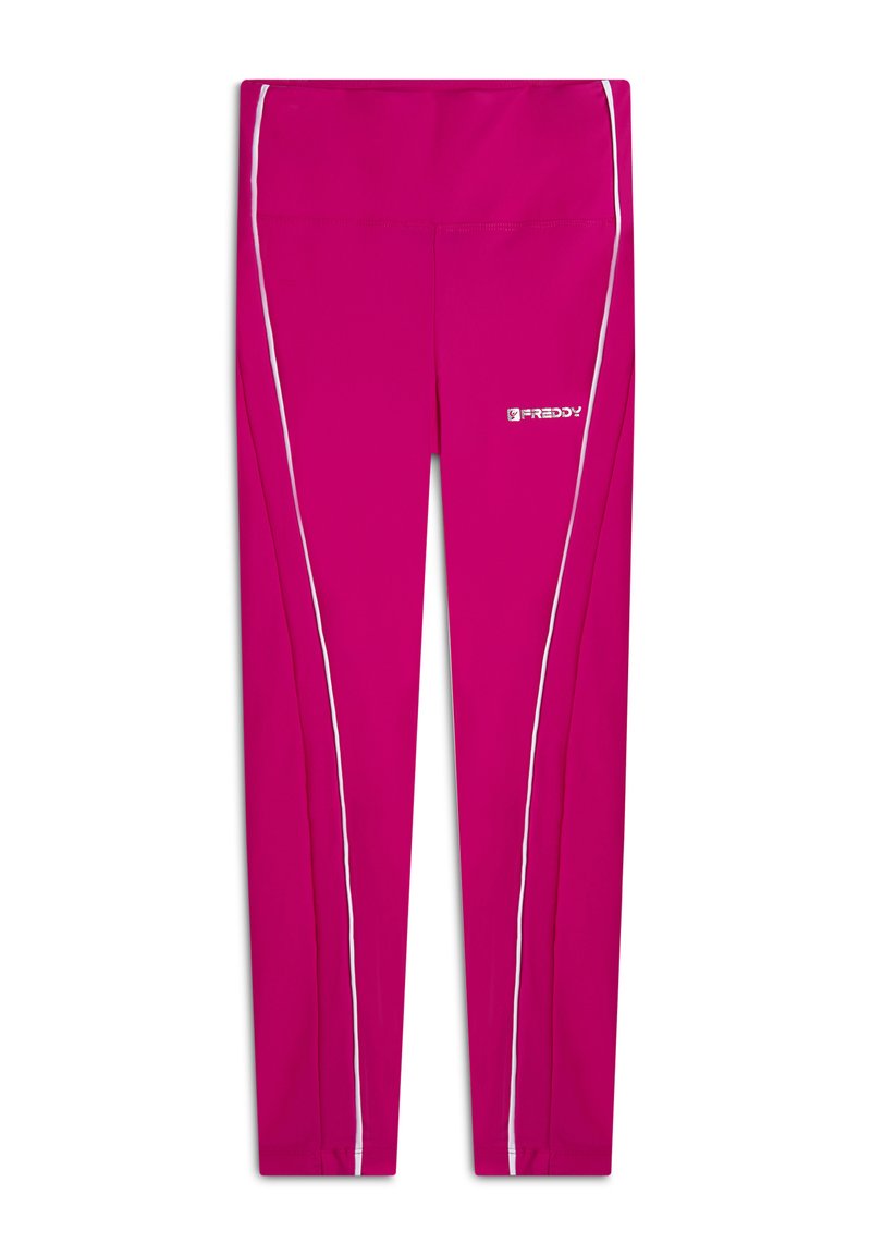 Leggings roses ajustés avec des rayures blanches sur les côtés. Conçus avec une texture lisse et un logo de marque sur la hanche gauche.