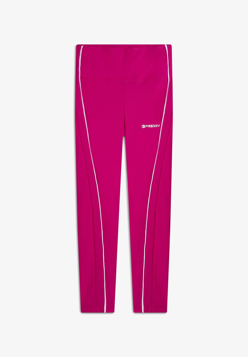 Leggings roses ajustés avec des rayures blanches sur les côtés. Conçus avec une texture lisse et un logo de marque sur la hanche gauche.