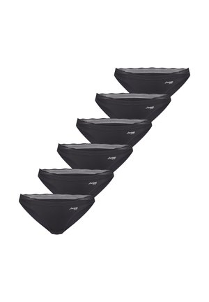 Six culottes bikini noires pour femmes avec un petit logo blanc "Sloggi" et une bordure en dentelle à la taille, empilées en diagonale.
