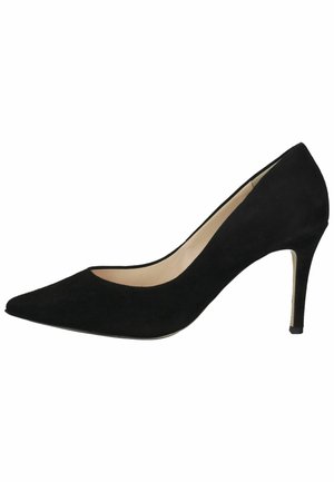 Black suede high-heeled pump with pointed toe, low-cut vamp, and slim stiletto heel. Smooth interior with contrasting nude lining.