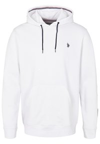 Biely mikina s predným kloktacím vreckom, so šnúrkami v námornej modrej a vyšívaným logom na hrudi. Mäkko, z bavlnenej zmesi.