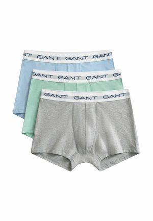 Drei Herren-Boxershorts in Grau, Mintgrün und Hellblau mit weißen elastischen Bundbändern, die mit "GANT" in Marineblau gebrandet sind.