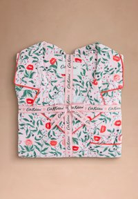 Floral patterned robe in pink, featuring red and green accents, soft fabric, notched collar, and a matching belt with brand logo.