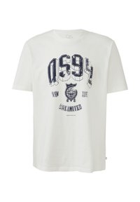 Witte katoen T-shirt met een marineblauw grafisch ontwerp met de tekst "QS94" en "Unlimited". Ronde hals en korte mouwen, ontspannen pasvorm.