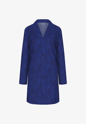 Chemise à manches longues bleu marine à motifs, avec un devant à boutons et un design floral en bleu clair. Présente un col classique et des détails en piping.