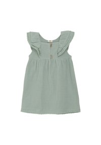 Robe vert clair en tissu doux, avec un col à volants, deux boutons en bois à l'avant et des bordures festonnées.