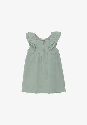 Jasnozielona sukienka z miękkiego materiału, z falbaną przy dekolcie, dwoma drewnianymi guzikami z przodu i falbaniastym wykończeniem.