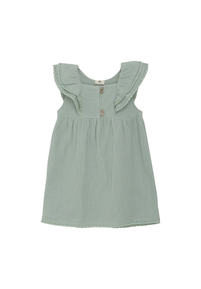 Robe vert clair en tissu doux, avec un col à volants, deux boutons en bois à l'avant et des bordures festonnées.