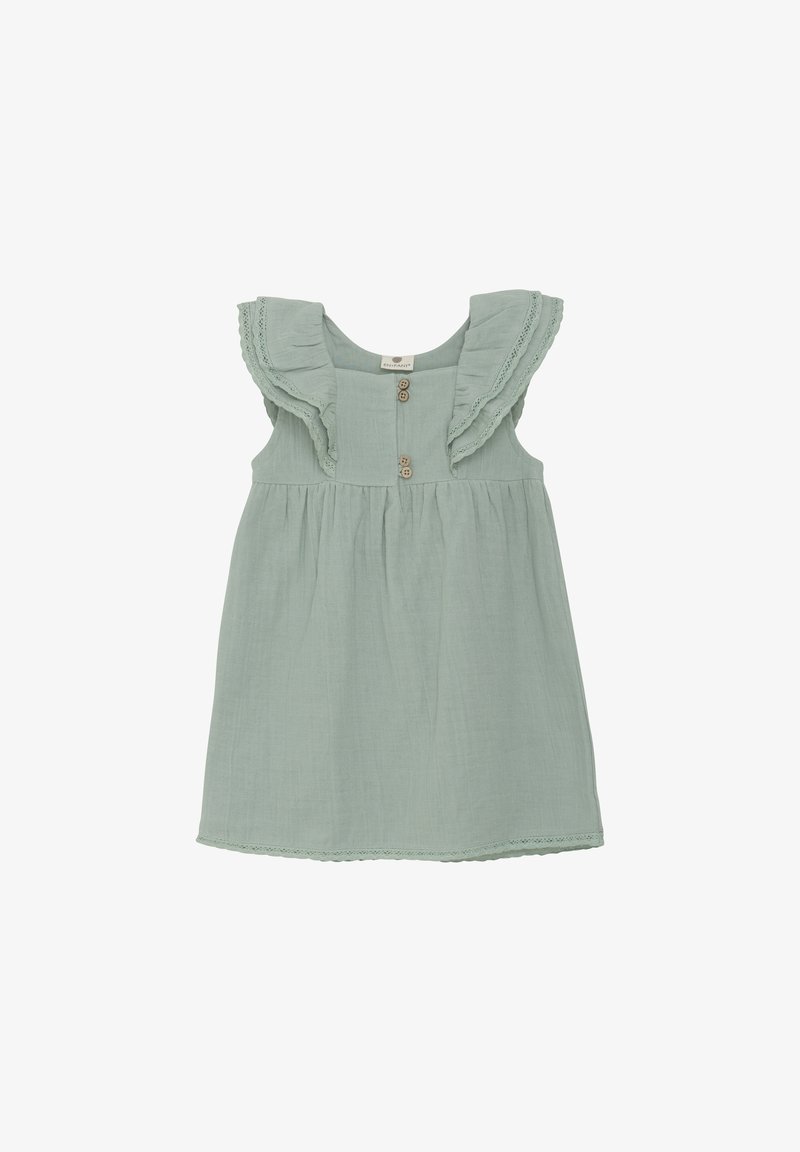 Hellgrünes Kleid aus weichem Stoff, mit einem Rüschenkragen, zwei Holzknöpfen auf der Vorderseite und gezackten Kanten.