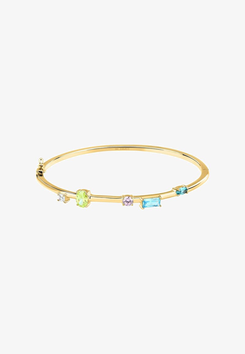 Bracciale rigido in oro con cinque gemme multicolori: verde, rosa, blu e trasparente, disposte in un design minimalista con una finitura liscia.