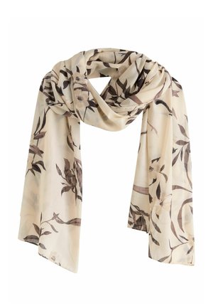 Leichter, cremefarbener Schal mit dunkelbraunem Blumenmuster. Weicher Stoff, fließendes Design, elegant fallend mit rechteckiger Form.