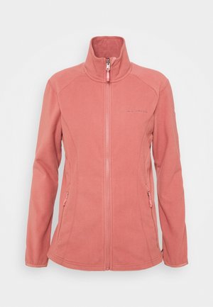 Veste en polaire rose avec fermeture éclair intégrale à l'avant, col montant, deux poches latérales zippées et manches longues.