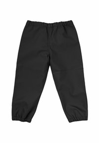 Svarta vattentäta byxor med elastisk midja, tapered passform och rynkade muddar. Slät textur och minimalistisk design, lämpliga för utomhusbruk.