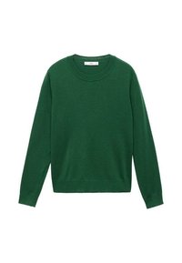 Pull vert à manches longues et col rond avec bord-côtes au col, aux poignets et à l’ourlet, présenté à plat sur fond blanc.