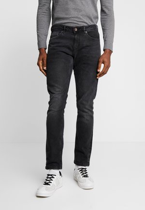 Zwarte slim-fit jeans van denim, met een klassiek vijf-pocket ontwerp, subtiele vervaging en een knoopsluiting bij de taille.