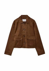 Brown suede button-up jacket with two front flap pockets and a classic collar, displayed against a white background.