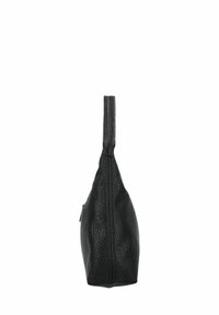 Schwarze Lederhandtasche mit texturierter Oberfläche, dreieckiger Form, Tragegriff und einem Reißverschluss an einer Seite. Misst etwa 30 cm in der Länge.
