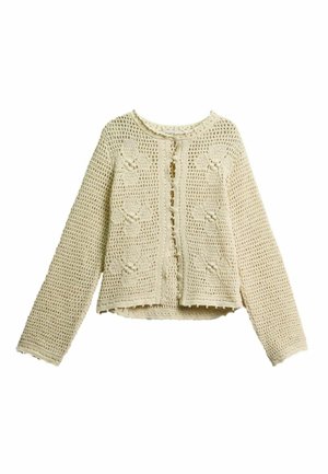 Krémový háčkovaný kardigán s dlhými rukávmi, otvorený vpredu a s kvetinovými vzormi integrovanými do vzoru pletenia.