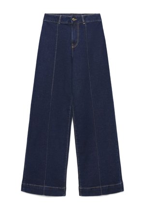Pantalon en jean bleu foncé à jambes larges avec coutures sur le devant, passants de ceinture, fermeture par boutons et ourlets cousus.
