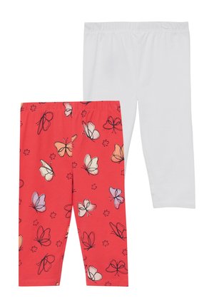 Twee paar kinderleggings, één effen wit en één koraalrood met meerkleurige vlinder- en bloemenpatronen.