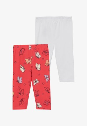 Zwei Kinderleggings, eines schlicht weiß und eines korallenfarben mit multicolorierten Schmetterlings- und Blumenmustern.