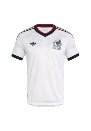 Wit Mexico voetbalshirt met korte mouwen, zwarte en rode accenten, Adidas-logo op de rechterborst en Mexico-embleem op de linkerborst.