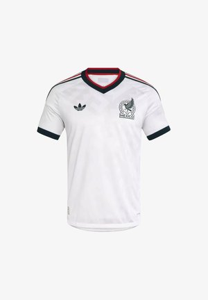 Wit Mexico voetbalshirt met korte mouwen, zwarte en rode accenten, Adidas-logo op de rechterborst en Mexico-embleem op de linkerborst.