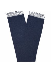 Sciarpa blu navy realizzata in tessuto morbido con una texture liscia, caratterizzata da bordi lunghi e frangiati. Forma rettangolare con linee pulite.