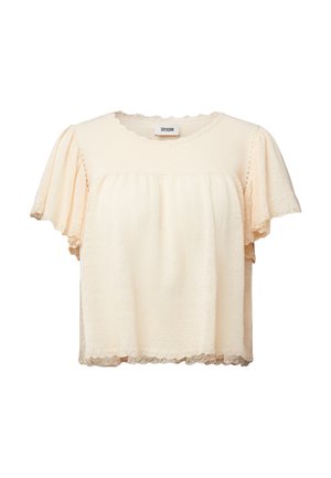 Blusa crema a maniche corte con bordi smerlati e delicati dettagli in pizzo sulle maniche, scollo e orlo.