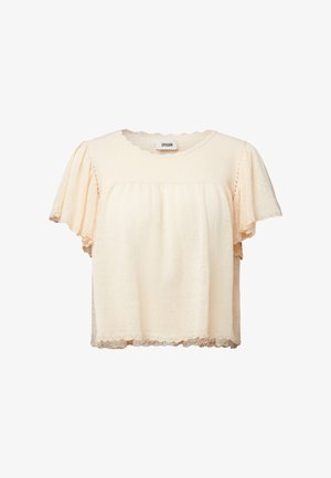 Kremfarget kortermet bluse med bølgete kanter og delikate blonde detaljer på ermer, halslinning og kant.
