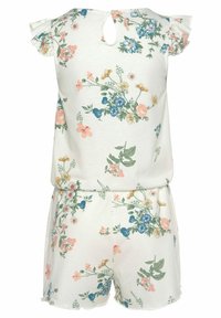 Floral short romper featuring a white fabric with colorful flower patterns. Ruffled sleeves and a back keyhole detail. Soft, lightweight material.