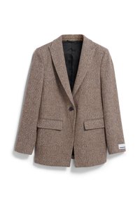 Brown herringbone blazer made of textured fabric, featuring a notched lapel, single button closure, and two front pockets. Subtle logo detail.