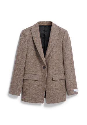 Brauner Fischgrät-Blazer aus strukturiertem Stoff, mit Schalkragen, einem Knopfverschluss und zwei Vordertaschen. Dezenter Logodetail.