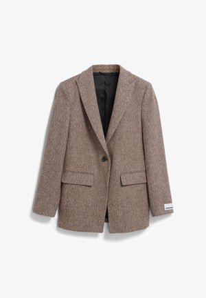 Brauner Fischgrät-Blazer aus strukturiertem Stoff, mit Schalkragen, einem Knopfverschluss und zwei Vordertaschen. Dezenter Logodetail.