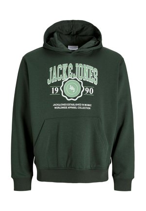 Sudadera verde hecha de mezcla de algodón. Presenta un bolsillo frontal, puños y dobladillo acanalados, y una gran impresión de logo en blanco y verde claro.