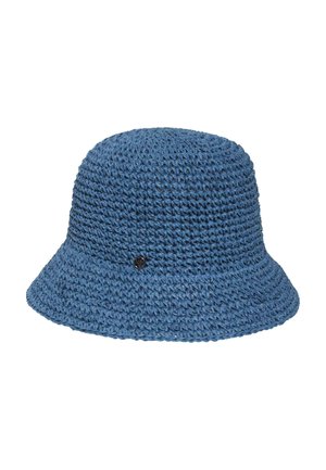 Blue knitted bucket hat with textured weave pattern and small round metal logo on the side.