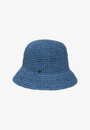 Blue knitted bucket hat with textured weave pattern and small round metal logo on the side.
