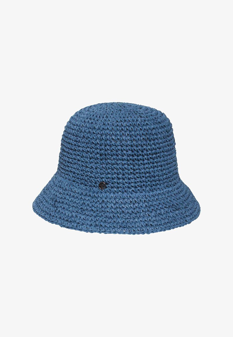 Chapeau bob tricoté bleu avec un motif de tissage texturé et un petit logo métallique rond sur le côté.