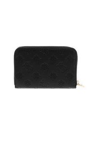 Portefeuille noir en matériau texturé, fermeture zip, motifs embossés, accents en métal doré, forme rectangulaire.