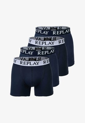 Marineblauwe katoenen boxershorts in een verpakking van vier, voorzien van een contrasterende witte elastische tailleband met het "REPLAY" logo. Smeuïge textuur, getailleerd ontwerp.