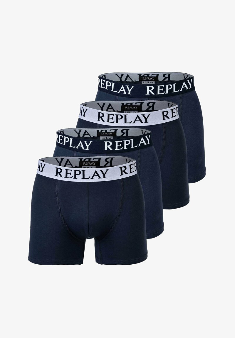 Marinefarbene Baumwoll-Boxershorts im Viererpack, mit einem kontrastierenden weißen elastischen Bund mit "REPLAY"-Logo. Glatte Textur, figurnahes Design.