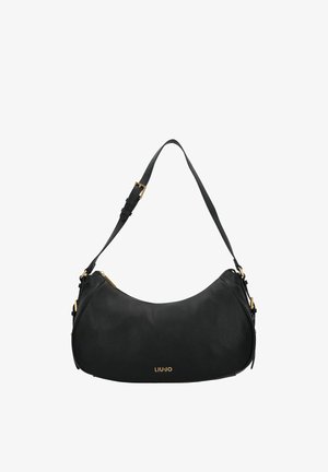 Sac à bandoulière en cuir noir avec des accents de quincaillerie dorée, design incurvé, sangle ajustable et fermeture éclair. Nom de la marque "LIUJO" visible.