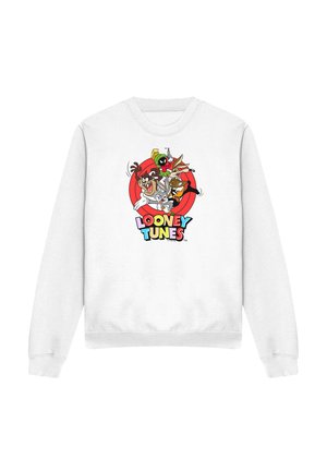 White sweatshirt featuring colorful Looney Tunes characters Bugs Bunny, Daffy Duck, Marvin the Martian, and Tasmanian Devil over a red bullseye target.