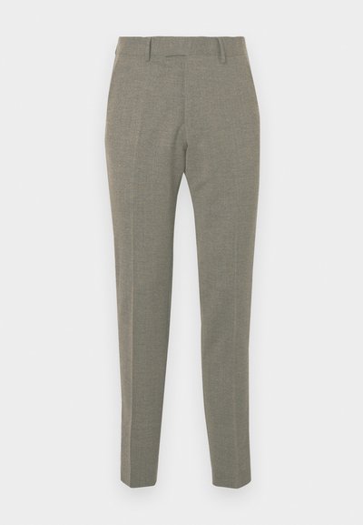 Šedé kalhoty na míru s hladkou texturou, slim fit a plochým předním dílem. Obsahují poutka na opasek a mají klasický střih.