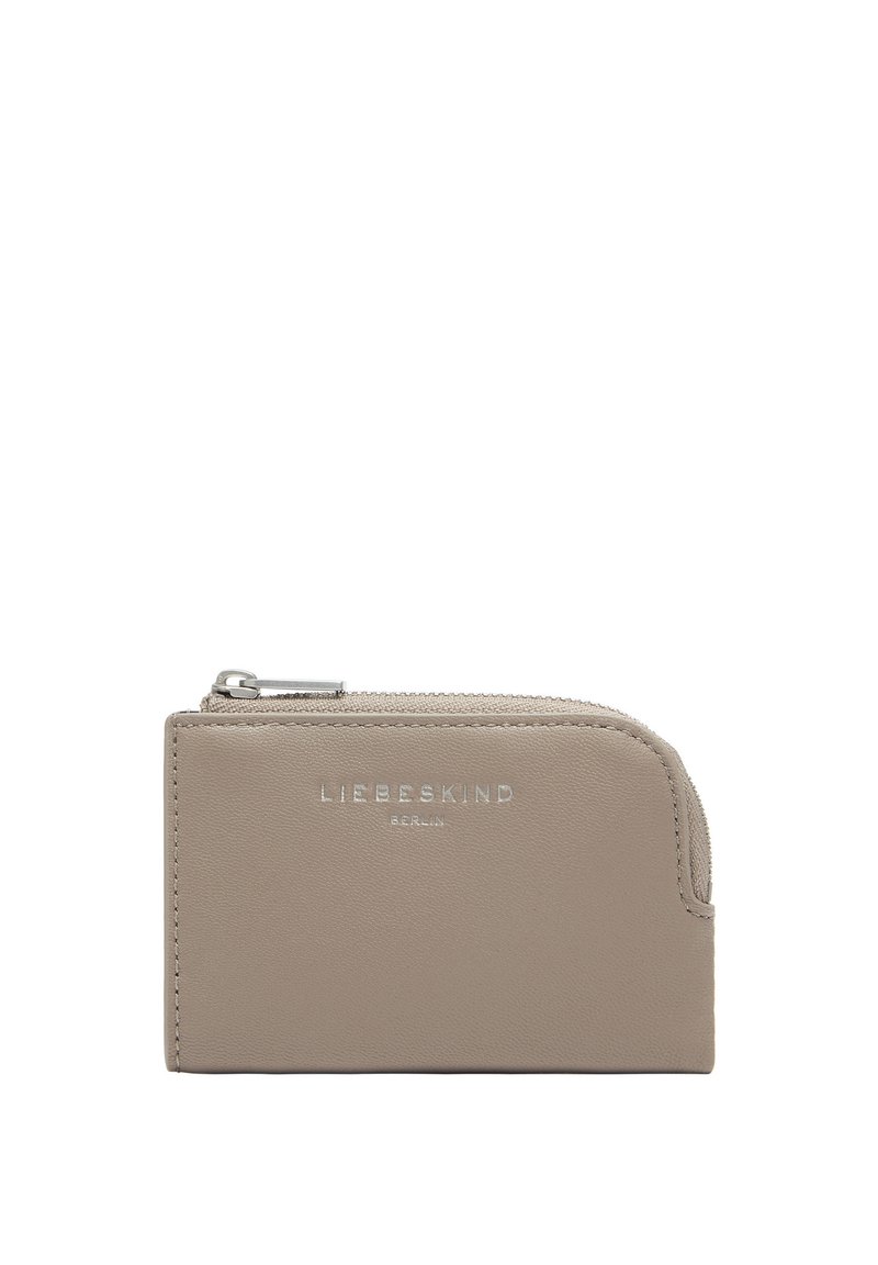 Szara skórzana portmonetka z zamknięciem na zamek, zaokrąglonymi narożnikami, wytłoczonym logo na przedniej stronie, gładką teksturą. Kompaktowa i funkcjonalna.