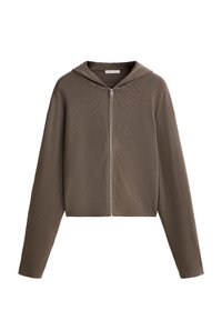 Rjava rebrasta zip-up kapuca z naramnicami, dolgimi rokavi in skrajšanim krojem. Ima gladek zadrgo in teksturirano tkanino.