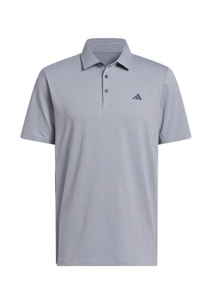 Polo à manches courtes gris clair texturé avec col, trois boutons, et petit logo sombre sur le côté gauche de la poitrine.