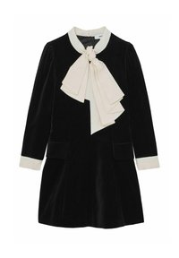 Melna samta kleita ar krēmkrāsas apkakli un lielu loku detaļu, garām piedurknēm, divām priekšējām kabatām un rāvējslēdzēju aizmugurē.