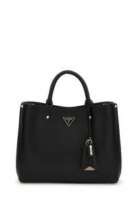 Schwarze Leder-Shopper-Tasche mit strukturierter Oberfläche, ausgestattet mit einem dreieckigen Logo, goldfarbenen Beschlägen und einem abnehmbaren Schlüsselanhänger.