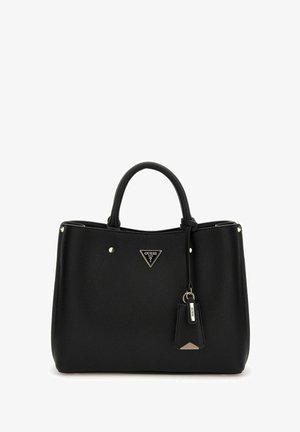 Sac cabas en cuir noir avec une finition texturée, doté d'un logo triangulaire, d'accessoires dorés et d'un porte-clés amovible.